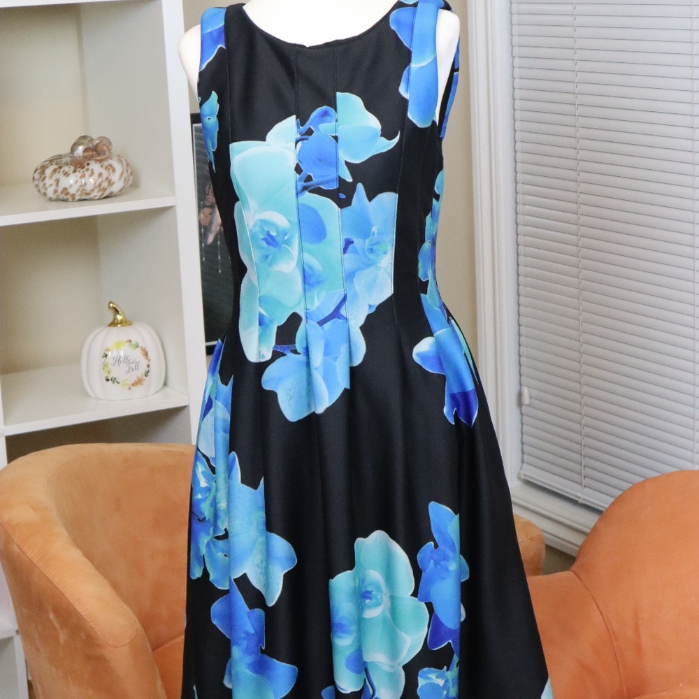 Black and turquoise fit and flare out A-line dress